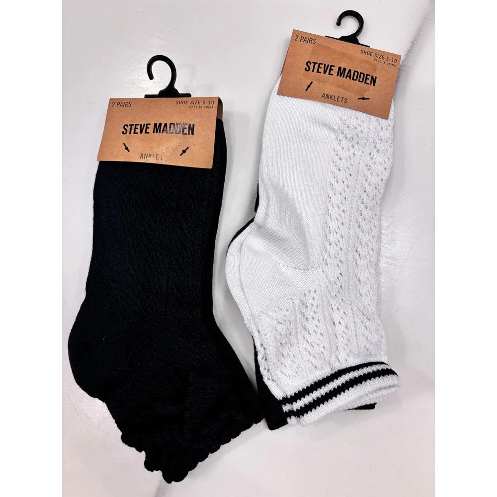 Steve Madden Womens 2 Pair Anklet Socks Black White Pointelle Ruffle Size 5-10